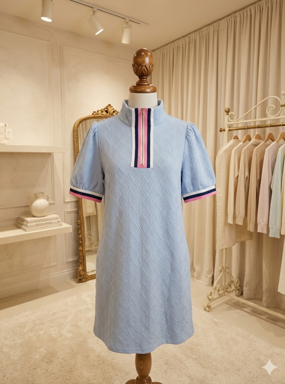 Lovesoft Beau Blue Textured Dress Contrast Pink & Navy Trim Puff Sleeve